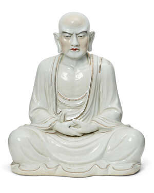 
	
		A large Chinese porcelain figure of a Luohan, early 20th century, with serene expression...