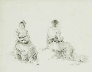 Jean-Baptiste Pillement, 
		French 1728-1808- 
		Two sheets of studies of seated female figures; 
		each pencil and black chalk on blue/green coloured paper