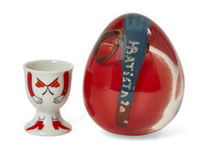
	
		Helder Batista,
		French b.1964-
		 
		Untitled (egg on an eggcup), 2020;
		 
		red...
