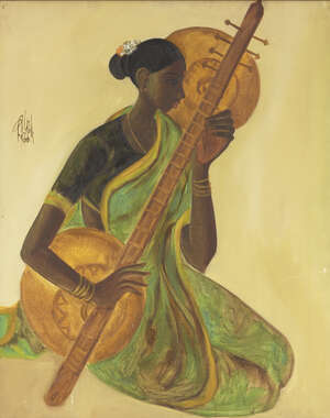 
	
		B. Prabha (Indian, 1933 - 2001), Musician, Oil on canvas, signed upper left, 76 x 61...