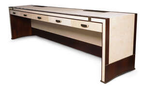 
	
		Designer Unknown, 
		 
		Contemporary console table, circa 2015, 
		Suede, mahogany,...