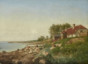 
	
		Niels Christian Hansen, 
		Danish 1834-1922- 
		 
		Coastal scenery with fisherman's...
