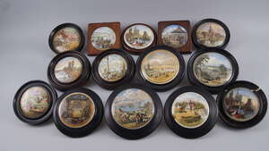 A Prattware pot lid entitled Sebastopol, 12cm diameter, in wooden frame, together with other lids with named scenes to include Church of the Holy Trinity, Stra