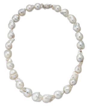 
	
		A cultured pearl necklace, composed of a graduated line of baroque cultured pearls, to a...