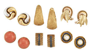 Six pairs of clip earrings, comprising: a pair of semi-circular brick link design with central circular-cut sapphire line; a pair of cultured pearl designed as