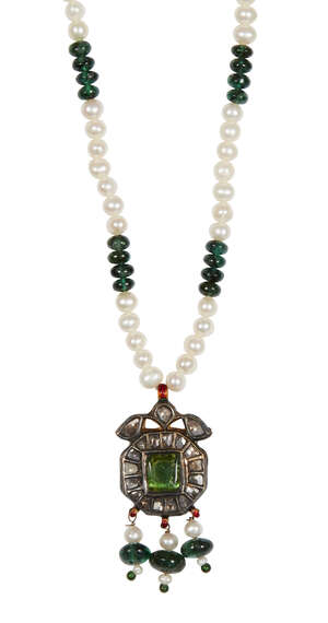 
	
		A diamond and carved emerald pendant necklace, India, 20th century, the octagonal pendant...