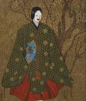 
	
		Japanese School, 20th century, Noh actor wearing zo-onna mask, mixed media paint in...