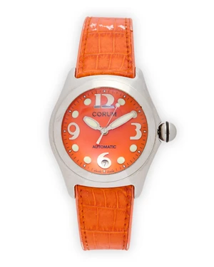 Corum. A stainless steel automatic calendar wristwatch with orange dial, together with box and...