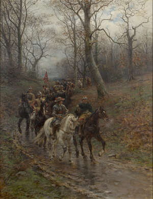 
	
		Ernest Crofts, RA, 
		 
		British 1847-1911- 
		 
		Cavaliers riding on a woodland...