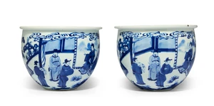 A fine pair of Chinese blue and white 'Guo Ziyi' jardinières
Qing dynasty, Kangxi period
The sturdily potted vessels each painted in similar manner depicts a 