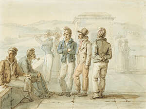 
	
		Jean-Henri Marlet, 
		French 1771-1847- 
		A group of sailors; 
		pen and grey and...