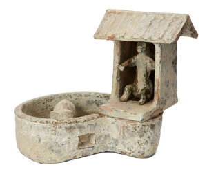 
	
		A Chinese pottery model of a pig sty latrine, Han dynasty, the raised latrine with...