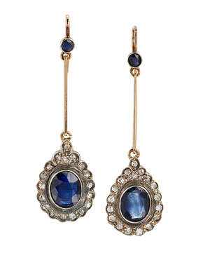 
	
		A pair sapphire and diamond ear pendants, each with oval mixed-cut sapphire in collet...