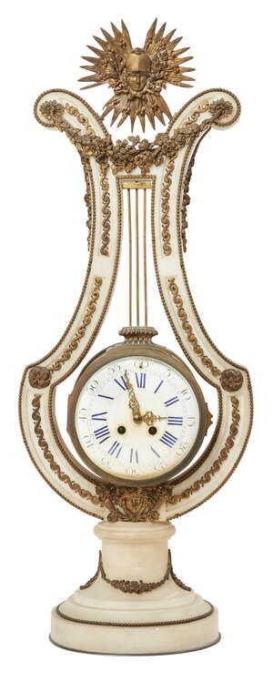 
	
		A French gilt-bronze mounted white marble lyre clock, late 19th century, the case with...