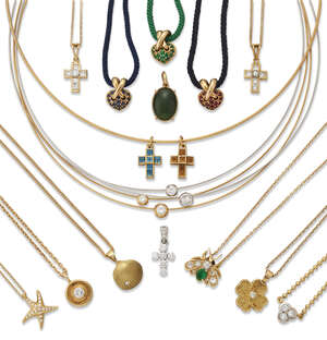 
	
		A group of diamond and gem-set pendants and neckchains, comprising: Three diamond set...