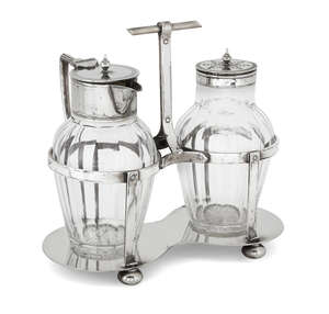 
	
		A William Hutton & Sons electroplate and glass cruet set in the manner of Dr Christopher...