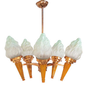 
	
		Designer Unknown, 
		 
		Art Deco five light ceiling light, circa 1920, 
		Copper,...