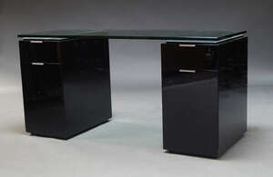 
	
		A contemporary black lacquer pedestal desk, the later rectangular glass top, the pedestal...