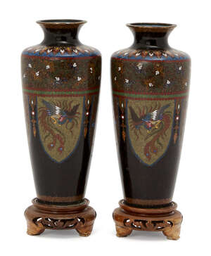 
	
		A pair of Japanese cloisonné vases, Meiji period, decorated with alternating panels of...