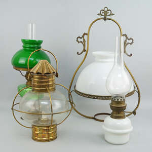 
	
		A brass and glass hanging ships light, stamped to the body Anchor, 34cm high, together...