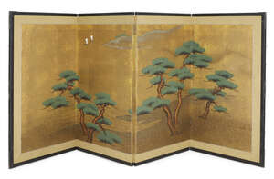 
	
		A Japanese four panel screen, ink and colour on paper, 19th century, depicting a seascape...