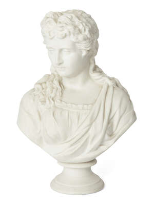 
	
		A parian porcelain bust of a woman by James & Thomas Bevington, late 19th century, on...