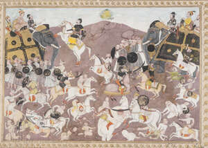 
	
		A battle scene, Mughal India, circa 1710, opaque pigments heightened with gold on paper,...