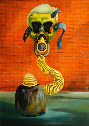
	
		Richard Benedetti, American 1925-1992- The Mask; oil on canvas, signed with monogram,...