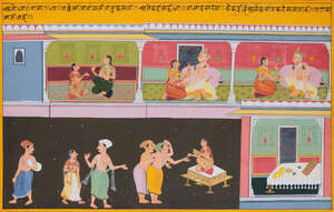 
	
		Illustration from the Ramayana: the Gods are returning to heaven after granting King...