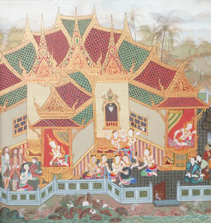 
	
		A Thai painting of a building, with European visitors being welcomed by dancers and...