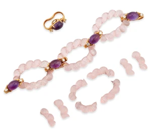 A group of rose quartz, amethyst and diamond bracelet components, the carved rose quartz links...