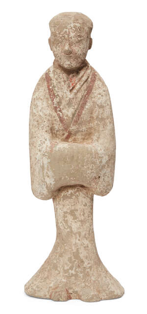 
	
		A large Chinese pottery tomb figure, Han dynasty, modelled as a standing court official...