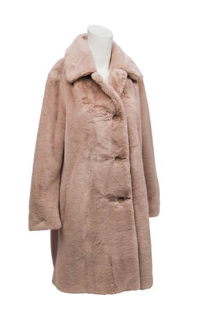 A Burberry faux fur single-breasted coat in pale blush, designed with distinctive vintage check...
