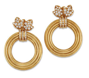 
	
		Cartier, a pair of 18ct gold, diamond hoop earrings, by Cartier each with a twin leaf...