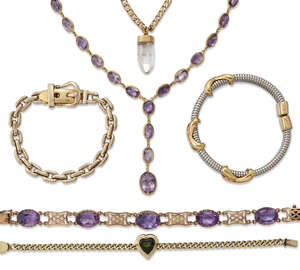 
	
		A group of jewellery, including: five rock crystal pendants; an 18ct gold mounted...