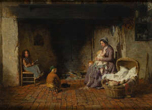
	
		George Smith, 
		British 1829-1901- 
		Chimney Corner; 
		oil on panel, signed and...