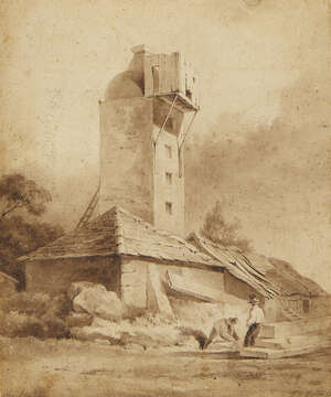 
	
		William P Rogers, 
		Irish fl.1842-1883-
		 
		Figures by a windmill;
		 
		pen and...
