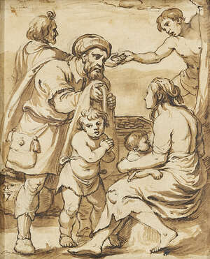 North Italian School, 
		 
		18th Century- 
		 
		Mother and child with a beggar in a market place; 
		 
		pencil, pen and brown ink, and wash on pape