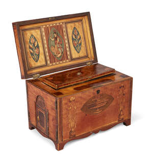 
	
		A rare George III satinwood secret door oblong box, inlaid with shells, with a pair of...