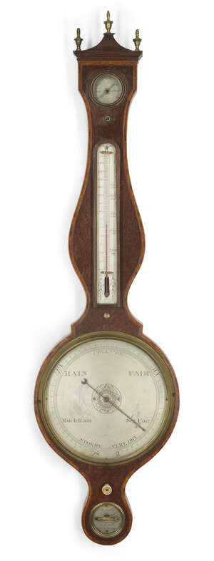 
	
		A George III burr-yew wheel barometer, by James Gatty, London, c.1800, the case with...