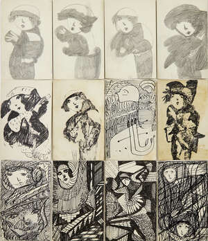 
	
		Madge Gill, 
		British 1882-1961- 
		 
		Untitled figure; 
		 
		pen and black ink on...