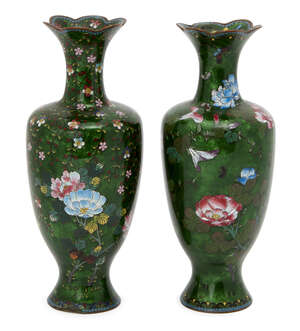 
	
		A pair of Japanese ginbari enamel baluster vases, Meiji period, decorated with floral...