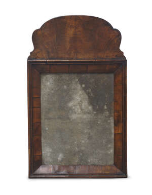 
	
		A George II walnut rectangular mirror, with scalloped shape crest, 64 x 39cm     

	


