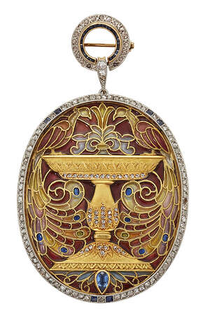 
	
		A gold, plique-a-jour enamel and diamond pendant, by Masriera, the oval...