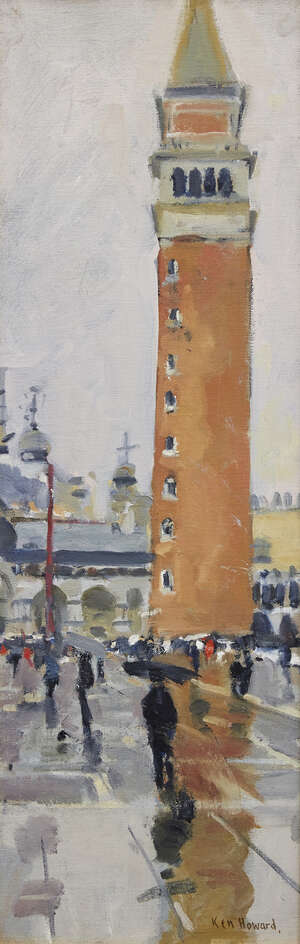 
	
		Ken Howard CBE RA, 
		British b.1932- 
		 
		St Mark's Campanile, Venice; 
		 
		oil...