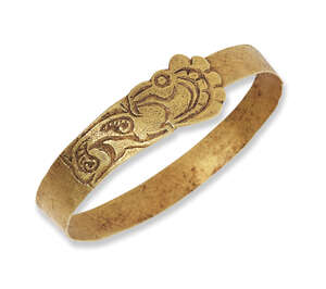 
	
		A Scythian gold bracelet, Central Asia, 5th century BC, the clasp with bird in profile...