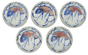 
	
		Five Chinese porcelain dishes, 19th century, painted in underglaze blue and iron red with...