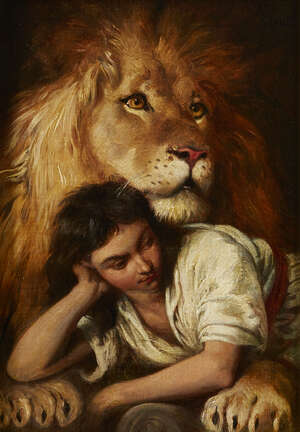 
	
		William Strutt RBA FZS, 
		British/Australian 1825-1915- 
		 
		Boy with a lion;...