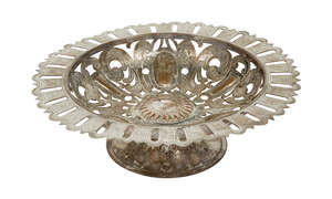 Duchess of Sutherland Cripples Guild, a large silver-plated copper open work stemmed bowl
		c.1910, stamped D.S.C.G with coronet
		Pierced, chased and emboss