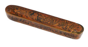 
	
		A Qajar lacquer papier mache pencase (qalamdan), Iran, signed and dated 1313AH/1895AD,...